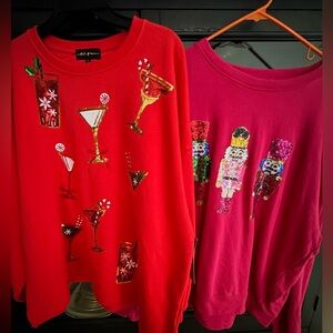 Red and Pink Holiday Sweatshirts with Sequin Designs